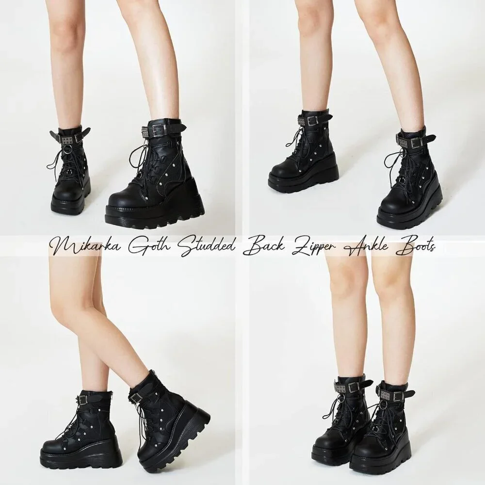 Women's Black Lace Up Ankle Studded Buckle Goth Stacked Wedge Combat Ankle Boots